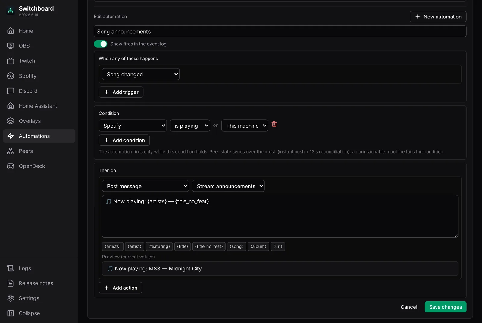 Switchboard's automation editor: building a trigger → condition → action sequence for one rule