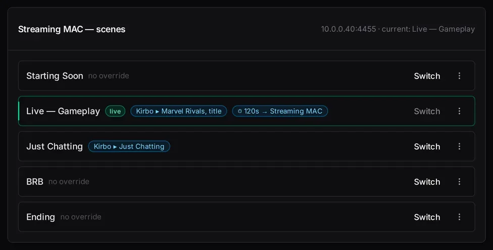 Switchboard OBS scene list for Streaming MAC: Live — Gameplay holding an active override, beside Starting Soon, Just Chatting, BRB and Ending