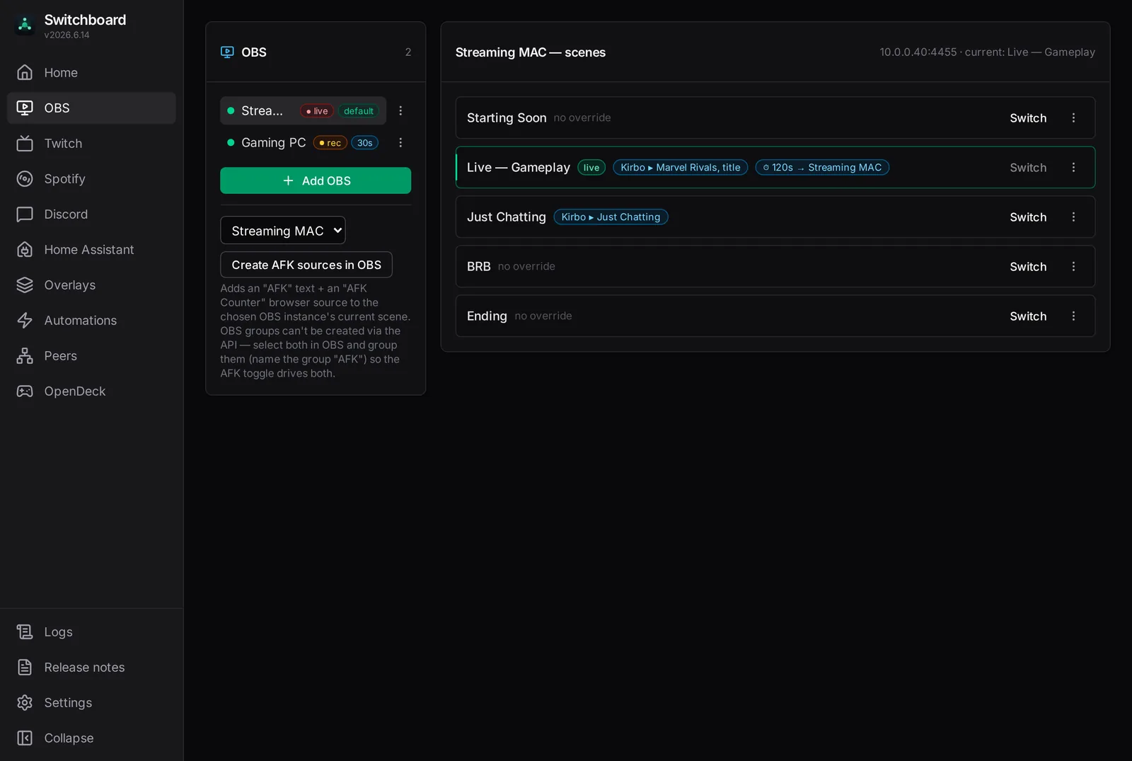 Switchboard OBS control panel: scenes, stream/record state and stream delay across every connected instance