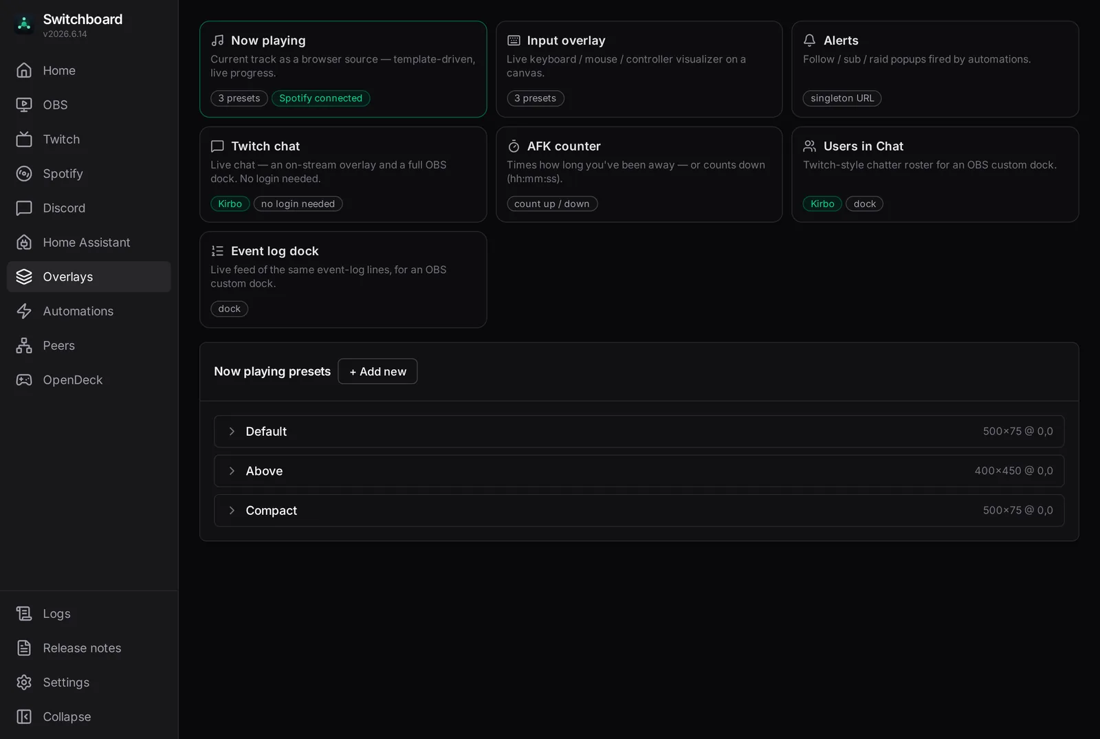 Switchboard's browser-source overlays: now-playing, the input visualizer, alerts and chat served from an embedded web server