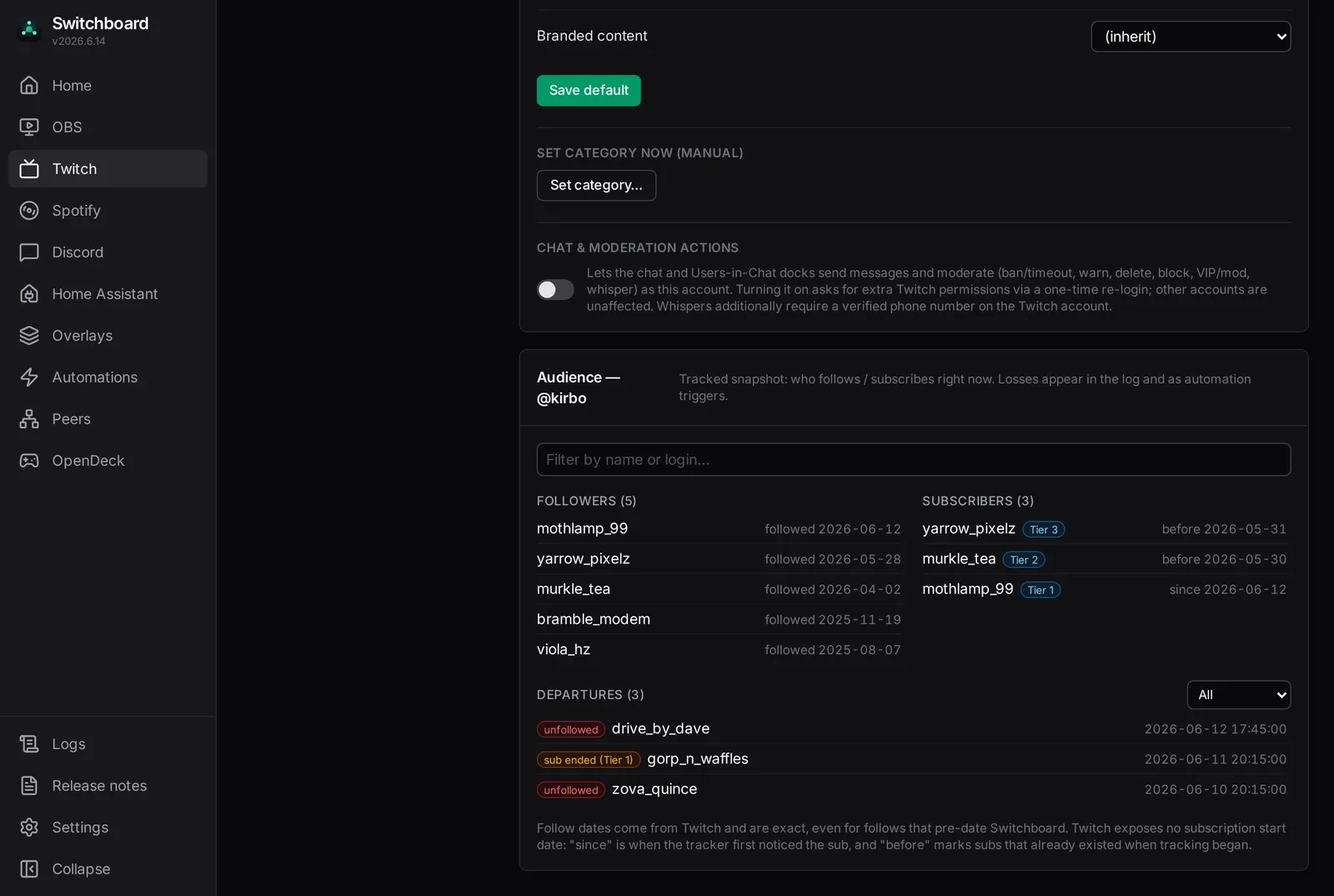 Switchboard Twitch panel: per-scene stream info, EventSub events, chat and audience tracking for every connected account