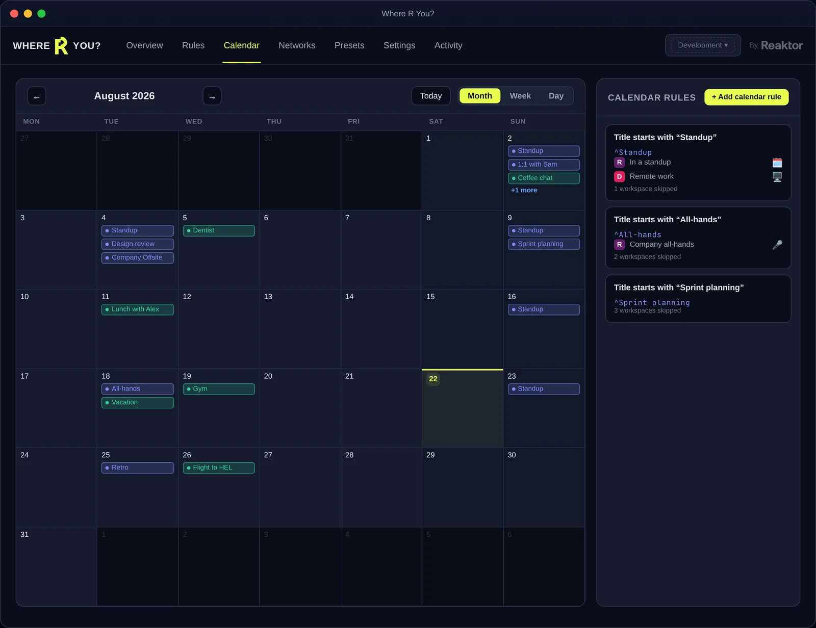 Where R You? Calendar screen: Month view with per-calendar-colored events and the live-regex rule sidebar