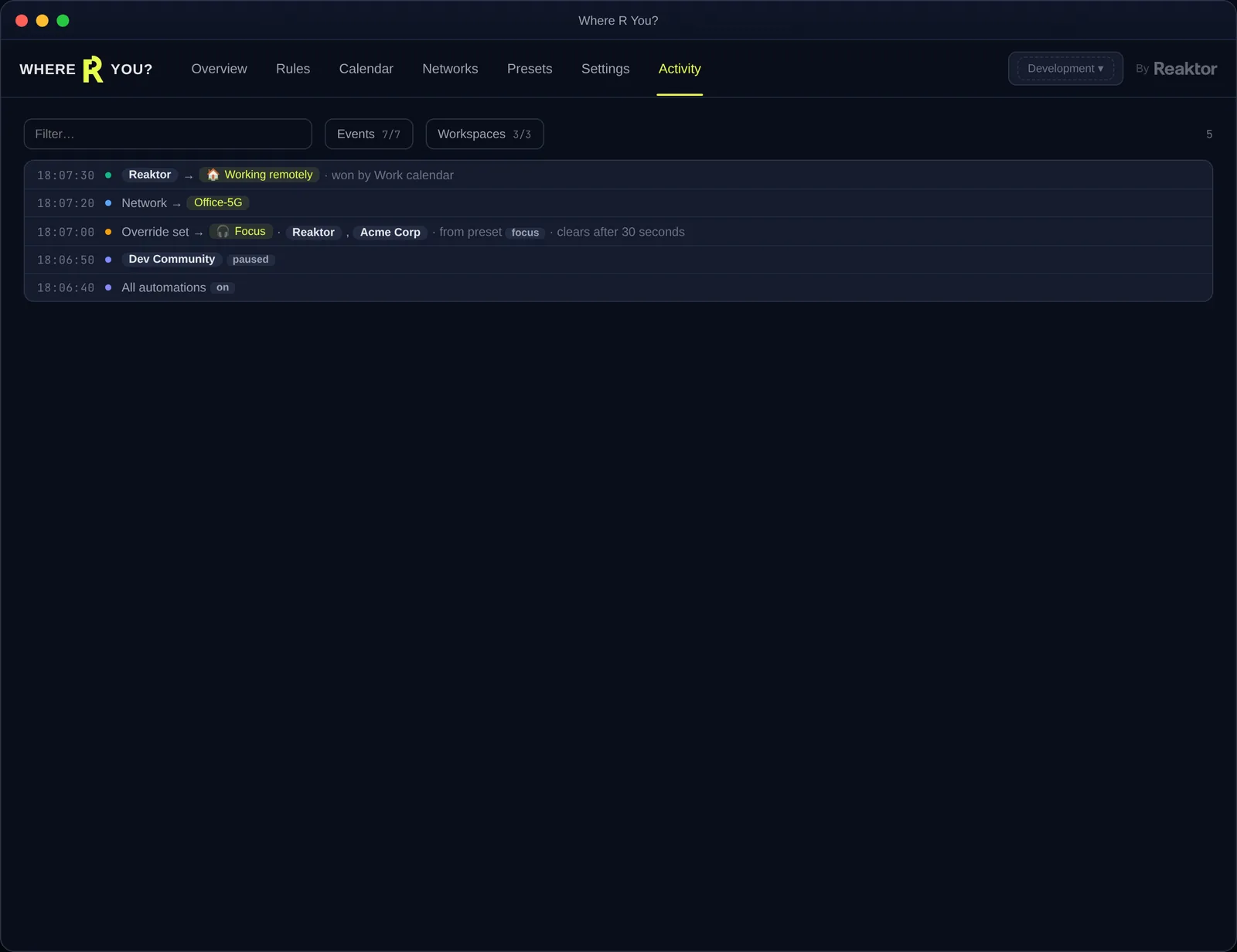 Where R You? Activity view: a newest-first, humanized log of every status change, override and rule edit